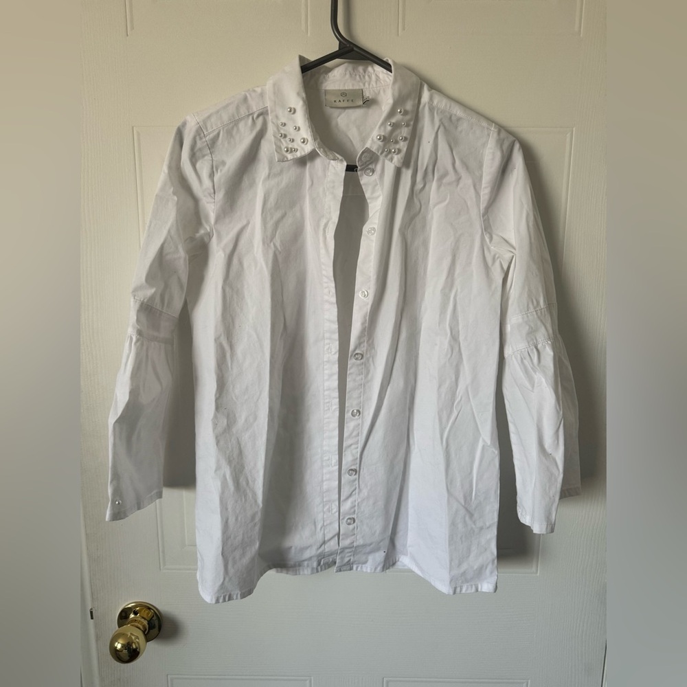 KAFFE SHIRT BLOUSE 34 WHITE Pearl Collar Cuff Button Up Casual Cotton
